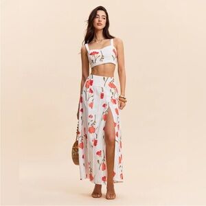 Commense White Maxi Skirt with Red Floral Print and High Slit